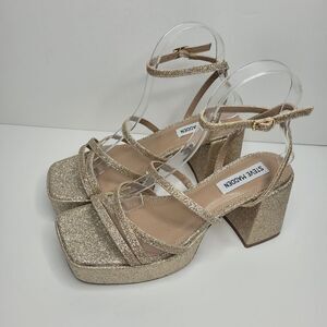 Steve Madden Brylee Gold Glitter sparkly prom dance strappy platform heels 8